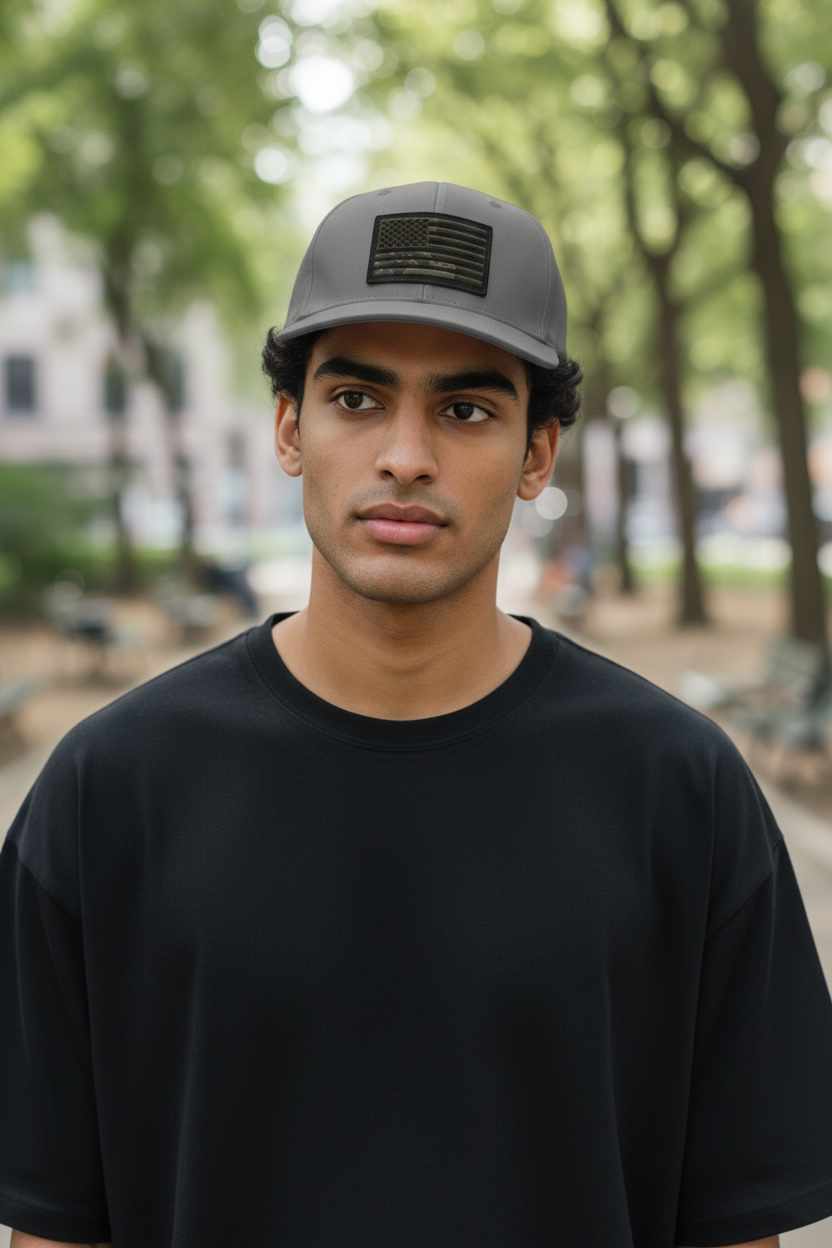 Durra-Bull Five Panel Hat – Dark Gray | Camo American Flag Patch