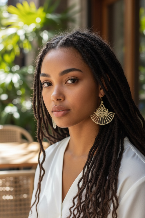 Gold Fan Filigree Dangle Earrings