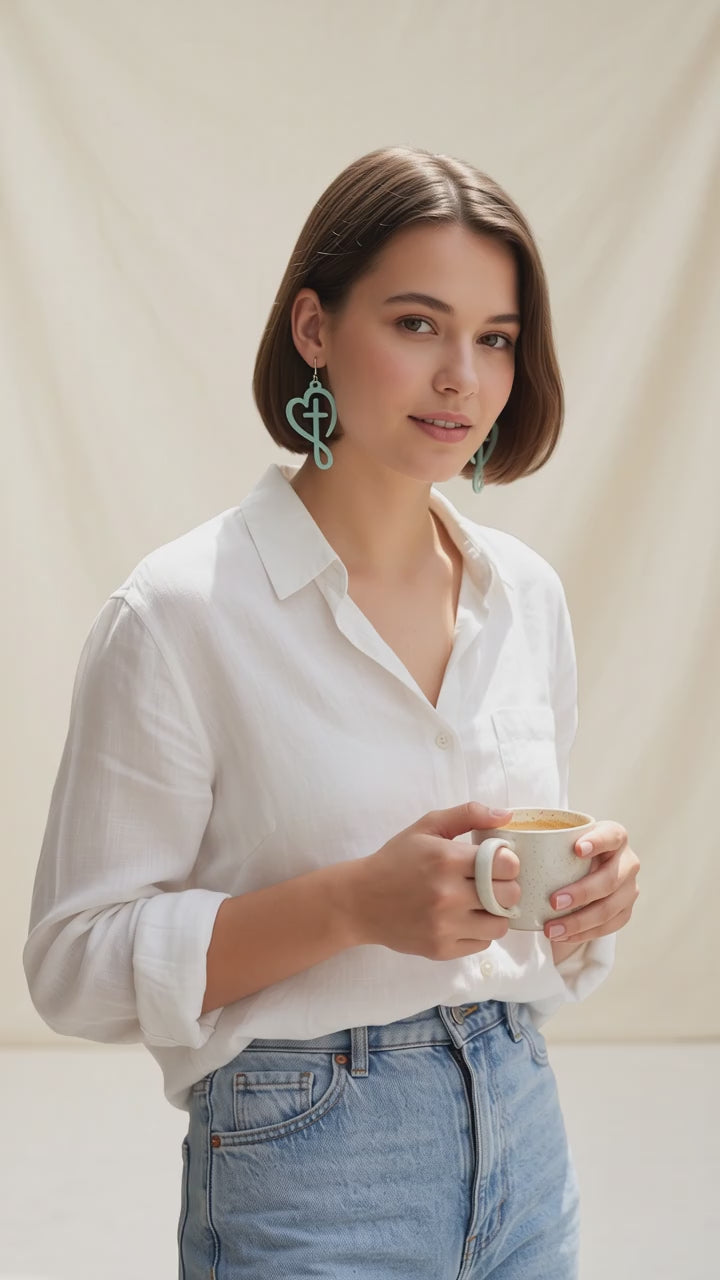 White Heart & Cross Dangle Earrings
